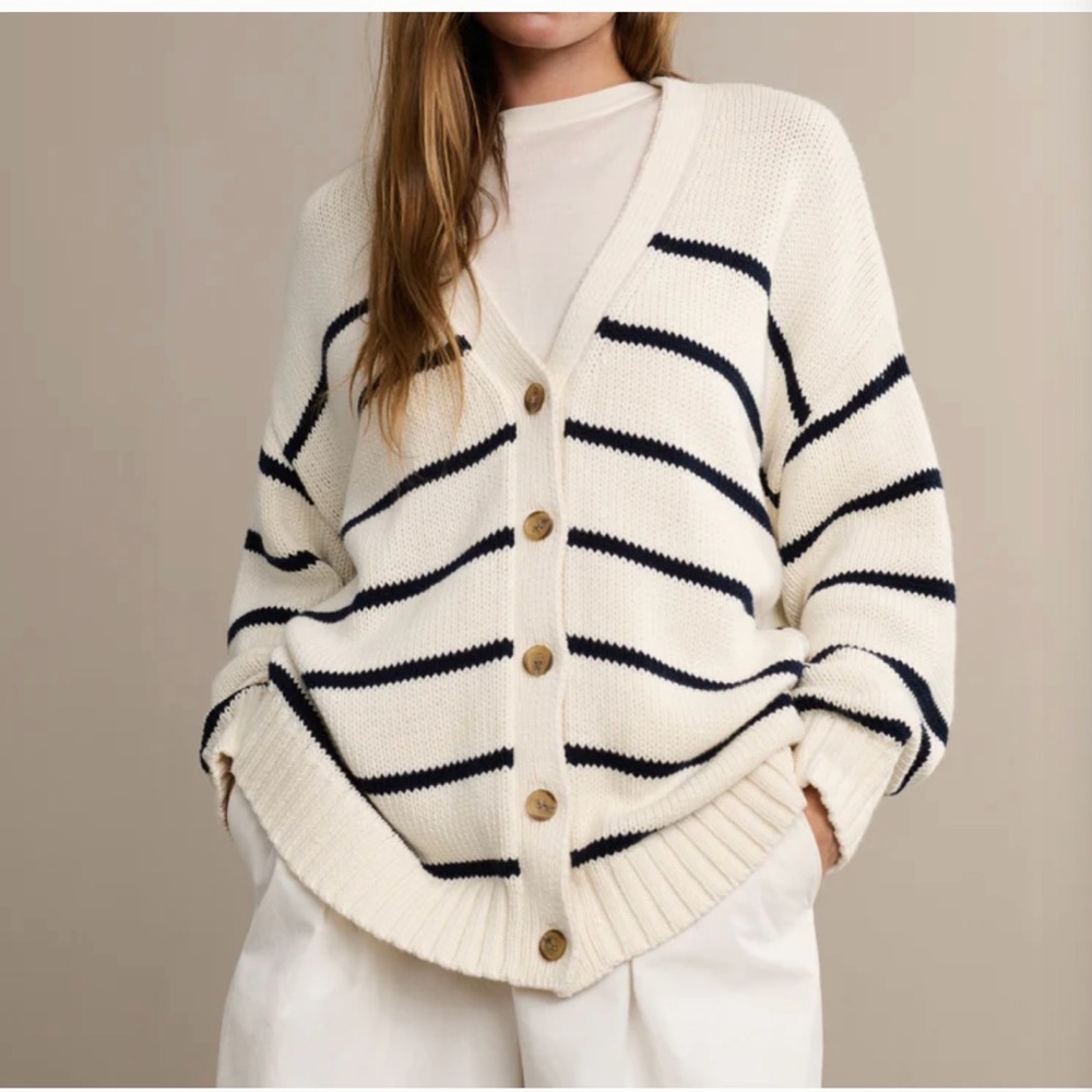 Jenni Kayne Cream Cardigan with Navy Stripes - Picture 2 of 7